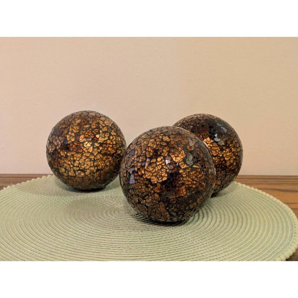 3-Piece Mosaic Glass Decorative Spheres - Amber Bronze Crackle Glass Orbs